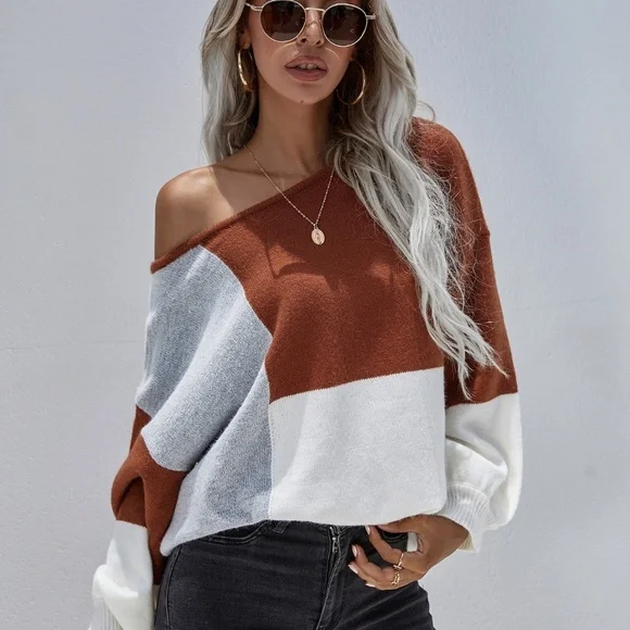 Color Block Tie-Back Dropped Shoulder Knit Women's Pullover